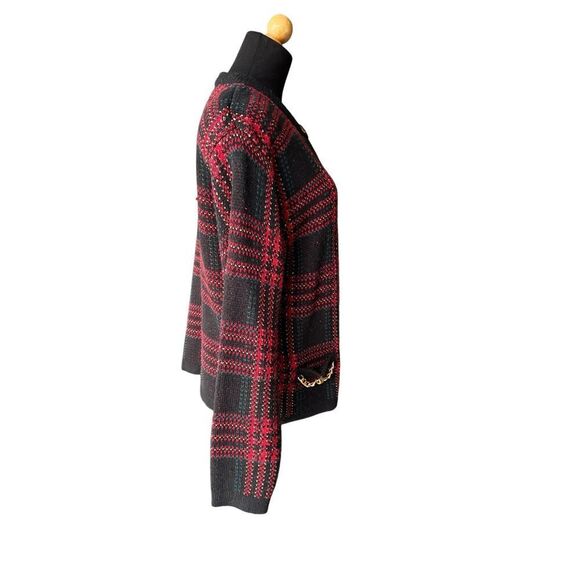 VINTAGE Laura Scott Plaid And Gold Homiday Festive Sweater Faux Pockets Size L - Picture 4 of 8